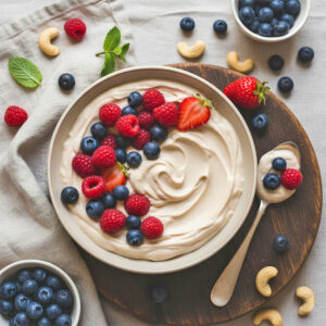 Dessert mit frischen Beeren und selbstgemachtem veganen Joghurt auf Cashewbasis