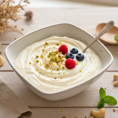 cremiger veganer Joghurt aus Cashews getoppt mit Beeren und Pistazien-Crunch