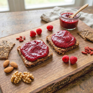 gesunde Marmelade ohne Kochen und ohne Zucker mit Beeren auf selbstgemachtem Rohkostbrot