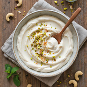 selbstgemachter, cremiger, veganer Joghurt auf Cashewbasis
