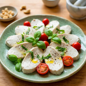 veganer Mozzarella selbstgemacht aus nur 5 Zutaten mit frischen Garten-Tomaten und Basilikum