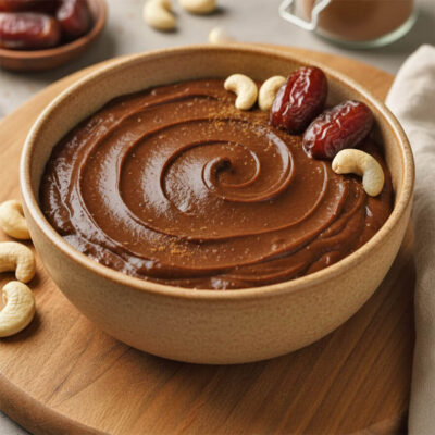 einfaches Rezept für gesunde, vegane, zuckerfreie Schokocreme aus 5 Zutaten in 5 Minuten fertig