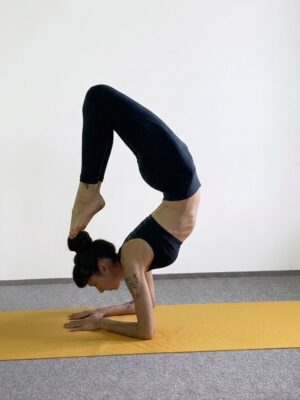 Yoga-Asanas: Apothekerin und Yogalehrerin Fanny Patzschke zeigt Vrischikasana den Skorpion als fortgeschrittene Variante