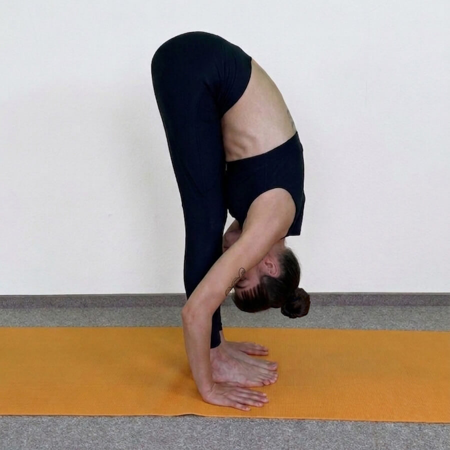 Yoga-Asanas: Apothekerin und Yogalehrerin Fanny Patzschke zeigt Pada Hastasana, die stehende Vorwärtsbeuge
